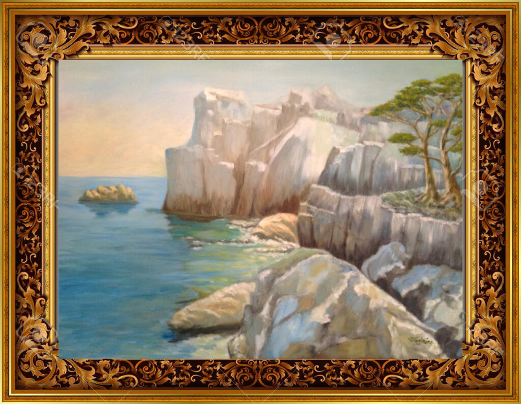 Oil painting of a mystical Island with a deep blue sea and large rocks on the beach at Sunset by Verlaine Crawford