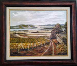 Painting of a California Vineyard in soft browns with mountains in background