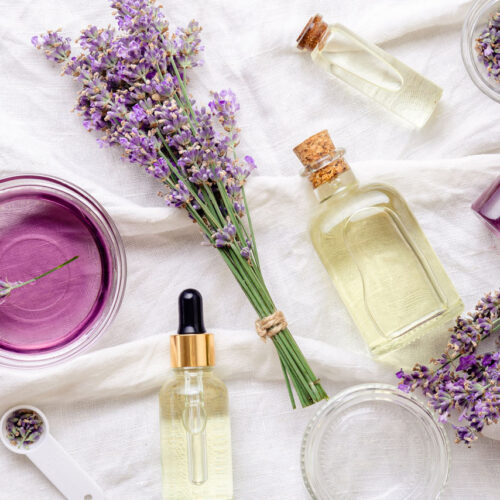 Lovely display of beauty products such as lavender and oils.